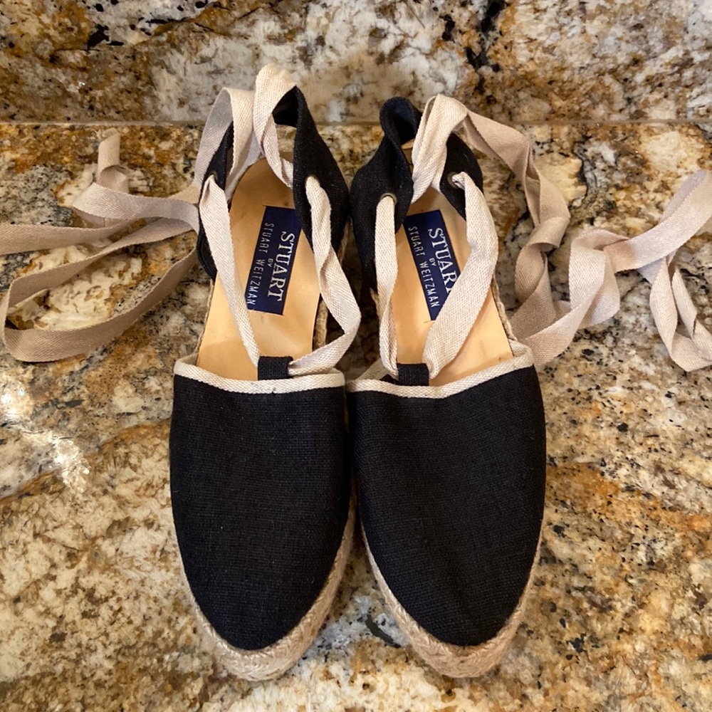 Stuart Weitzman black and tan tie up espardrilles